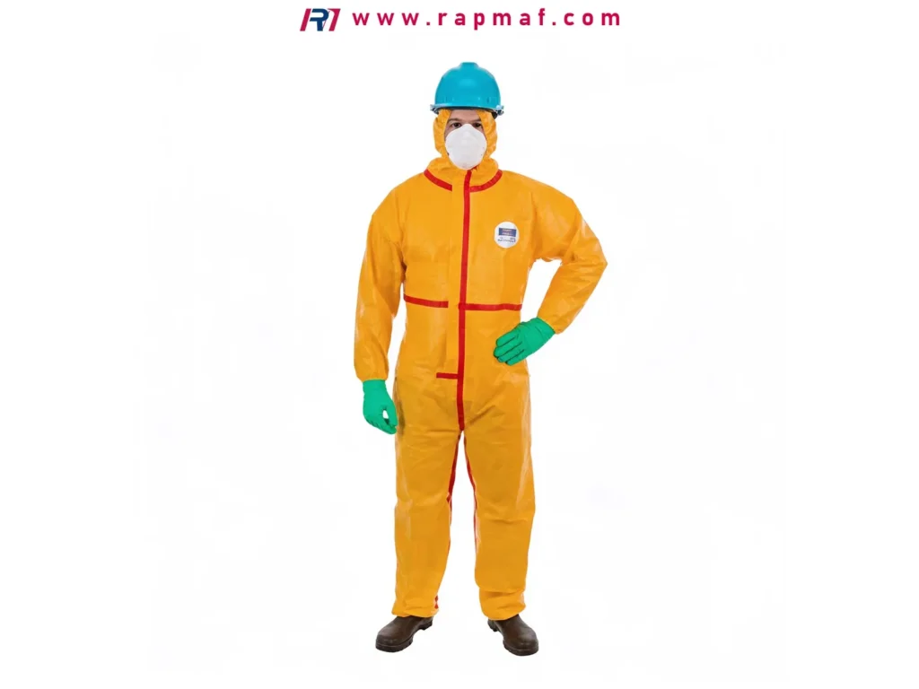 A worker wearing a yellow chemical resistant suit (hazmat suit) made from non-woven HDPE fibers like Tyvek, demonstrating the material's excellent chemical protection properties.