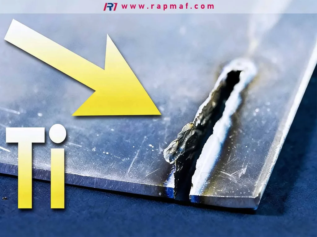 A graphic by Rapmaf showing a failed weld on a titanium plate, illustrating that even extremely strong and tough metals like titanium (Ti) have unique processing challenges that can lead to fracture.