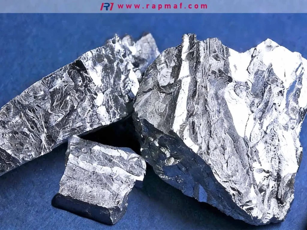 Chunks of pure, raw chromium metal, a critical and hard alloying element used to provide corrosion resistance and increase the toughness of steel alloys like stainless steel.