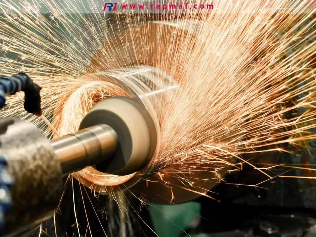 A close-up of a cylindrical grinding operation, a basic metalworking finishing process, where an abrasive wheel removes material from a workpiece, creating a shower of incandescent sparks