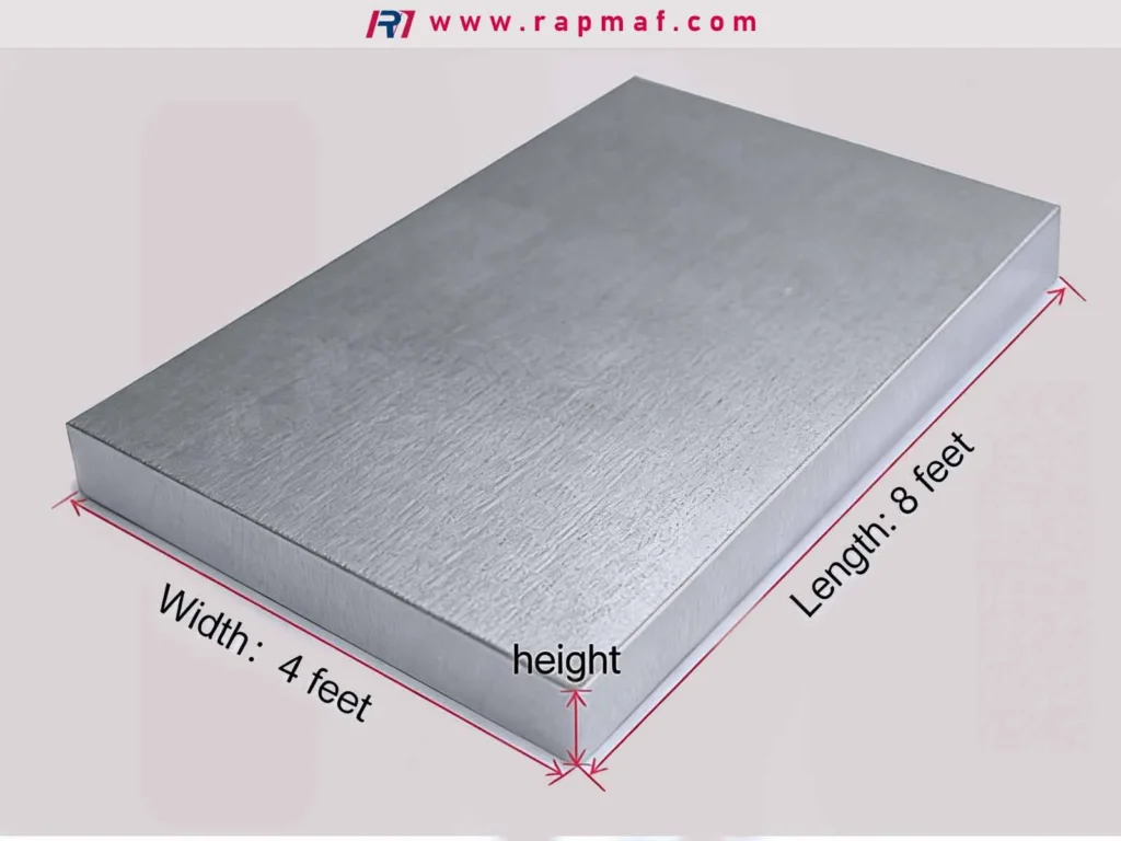 A visual guide by Rapmaf showing a 4x8 foot aluminum sheet with labeled dimensions for width (4 feet), length (8 feet), and height, helping readers understand the standard size discussed in the price guide for aluminum sheets.