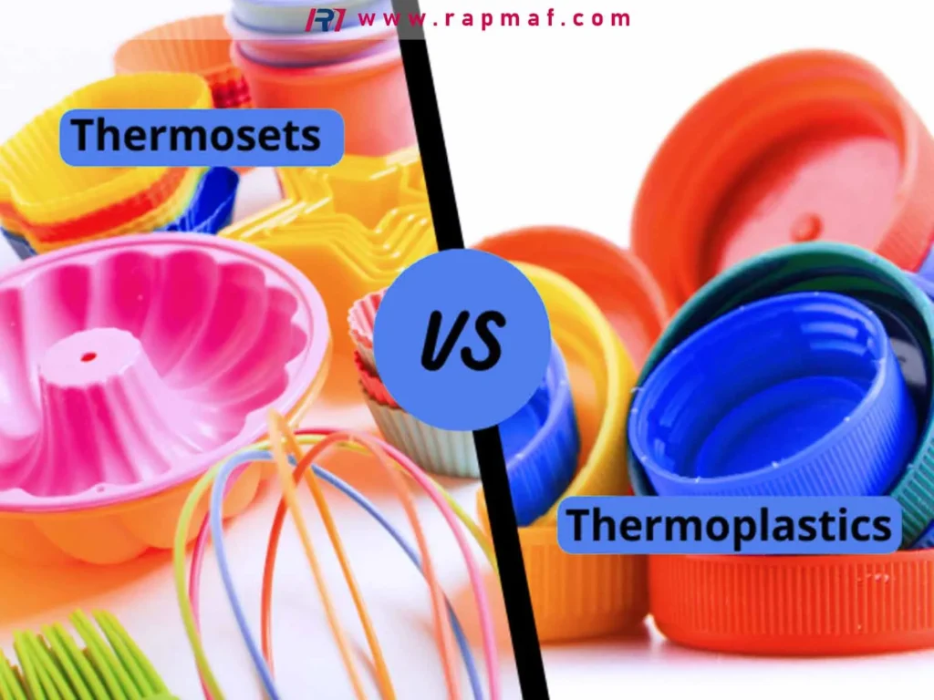 A visual guide by Rapmaf comparing thermosets (colorful silicone baking molds) to thermoplastics (bottle caps), illustrating the key material property difference relevant to plastic welding.