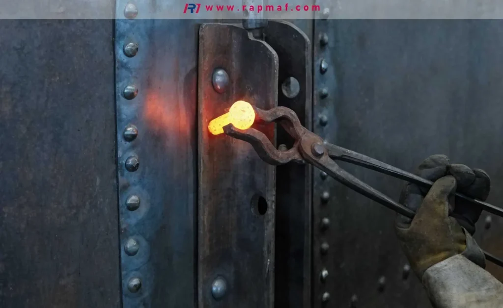 A worker in protective gloves using tongs to handle a glowing, yellow-hot rivet during the traditional hot riveting process for structural steel, a foundational technique in heavy construction.