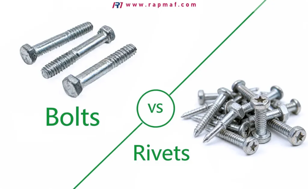 An infographic by Rapmaf comparing Bolts vs. Rivets, showing three large hex bolts on the left and a pile of Phillips head pop rivets on the right to illustrate the visual differences between these fasteners.