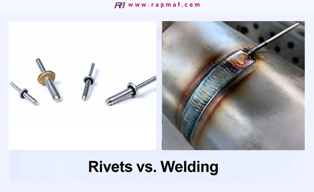 A comparison infographic by Rapmaf showing two different metal joining methods: Rivets vs. Welding. On the left are several modern pop rivets, and on the right is a clean, precise TIG weld bead on a steel tube.