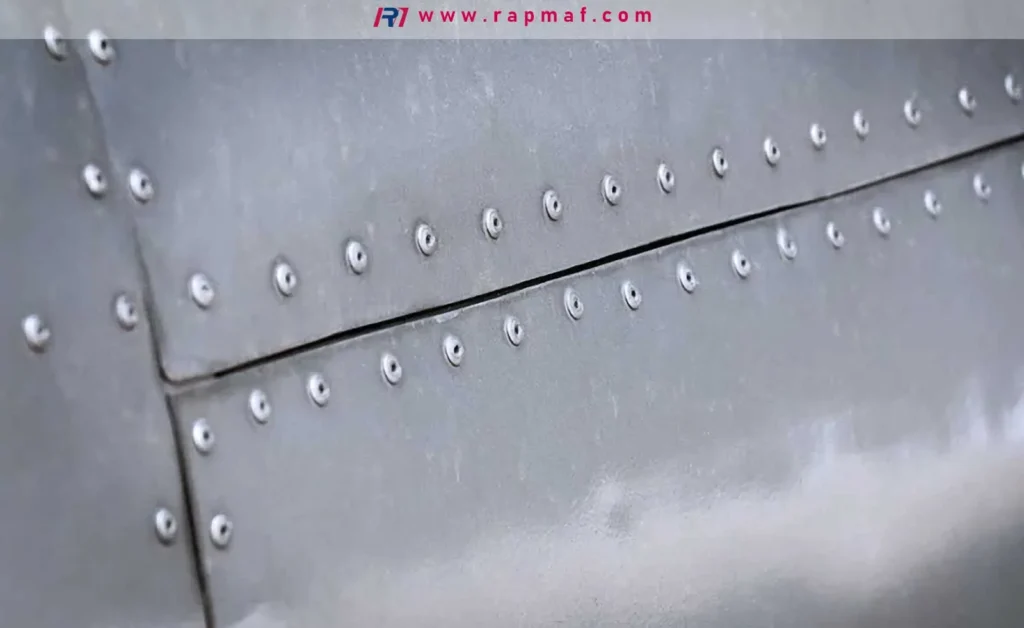 A close-up of a riveted steel joint on an aircraft fuselage by Rapmaf, showing two rows of flush rivets creating a strong, permanent bond between smooth, grey metal panels.