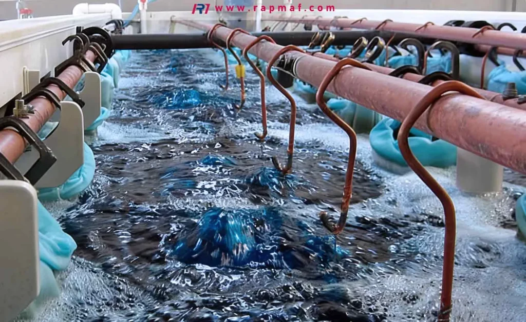 Uma linha industrial de galvanoplastia em operação, mostrando peças em ganchos de cobre submersas em um grande banho de eletrólito azul vibrante e borbulhante durante o processo de revestimento do metal.