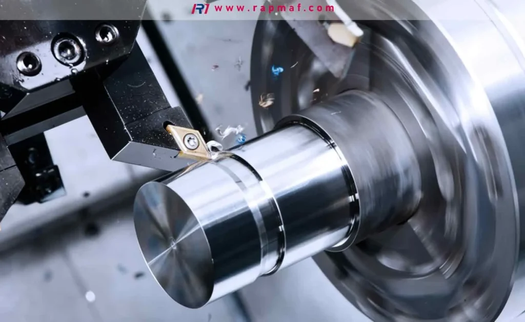 A CNC lathe performing a turning operation, where a cutting tool removes material from a spinning metal rod to create a precision cylindrical component.