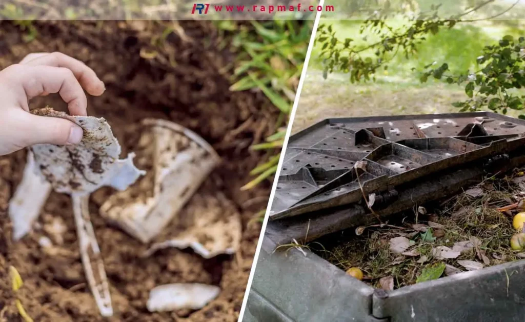 Ein Vergleichsbild zeigt links einen im Boden biologisch abbaubaren Becher und Löffel aus PLA-Kunststoff und rechts einen Kompostbehälter für den Hausgebrauch in Aktion, um den Lebenszyklus des Materials am Ende seiner Lebensdauer zu veranschaulichen.