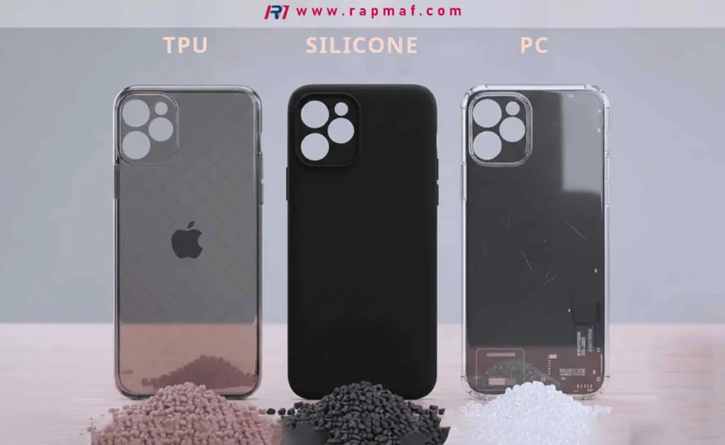 Une infographie de Rapmaf comparant trois matériaux courants pour coques de téléphone&nbsp;: une coque en TPU semi-transparente, une coque en silicone noir solide et une coque en polycarbonate (PC) transparent et rigide, chacune étant représentée au-dessus d’un tas de ses granulés de matière première respectifs.