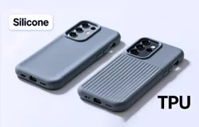 A side-by-side comparison of a smooth, flexible silicone phone case and a more rigid, ribbed TPU phone case, illustrating the different textures and design possibilities of each material.