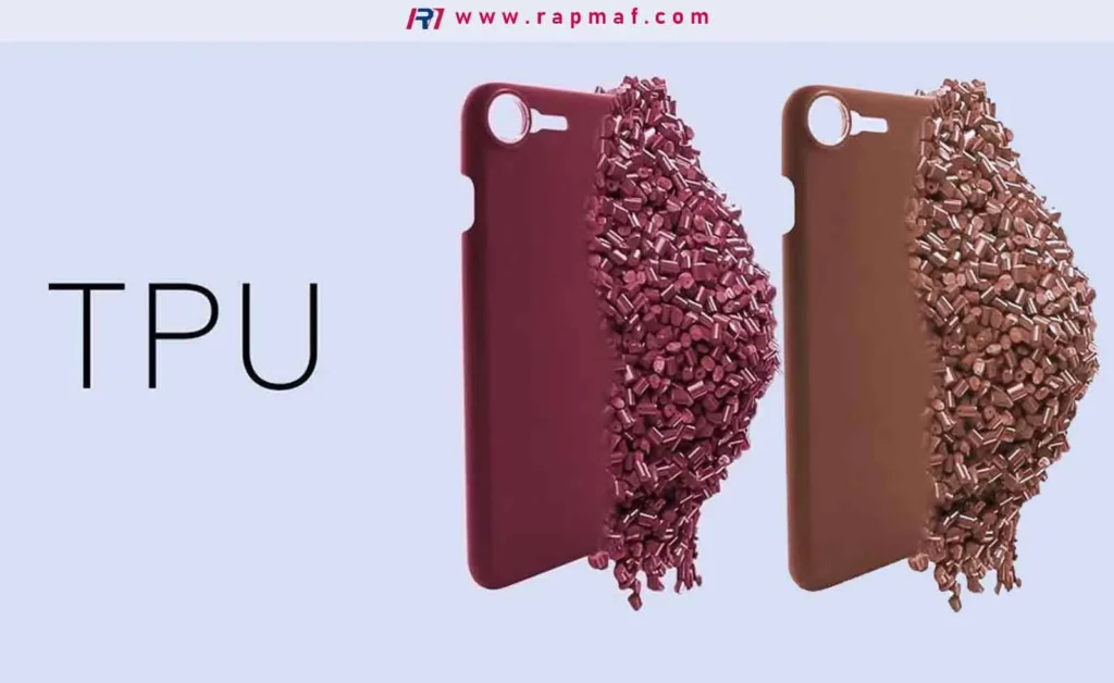 Un graphique de Rapmaf montrant deux coques de téléphone fabriquées en polyuréthane thermoplastique (TPU), chacune remplie à moitié des granulés de plastique brut utilisés dans leur fabrication, illustrant le lien entre la matière première et le produit fini.