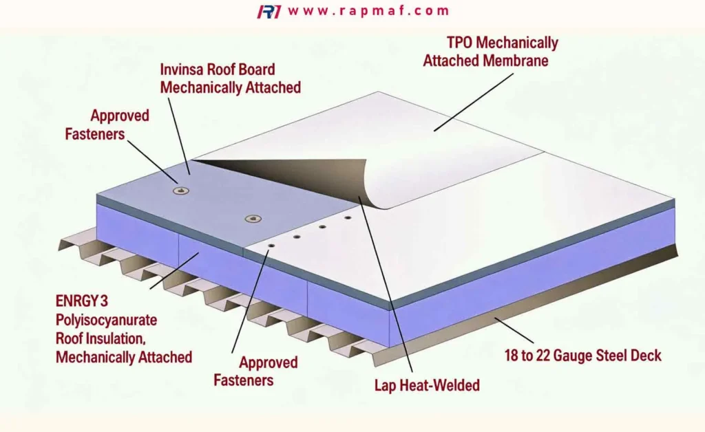 A technical diagram from Rapmaf illustrating the layers of a TPO roofing system on a steel deck, showing the TPO membrane, polyisocyanurate insulation, and mechanical fasteners.