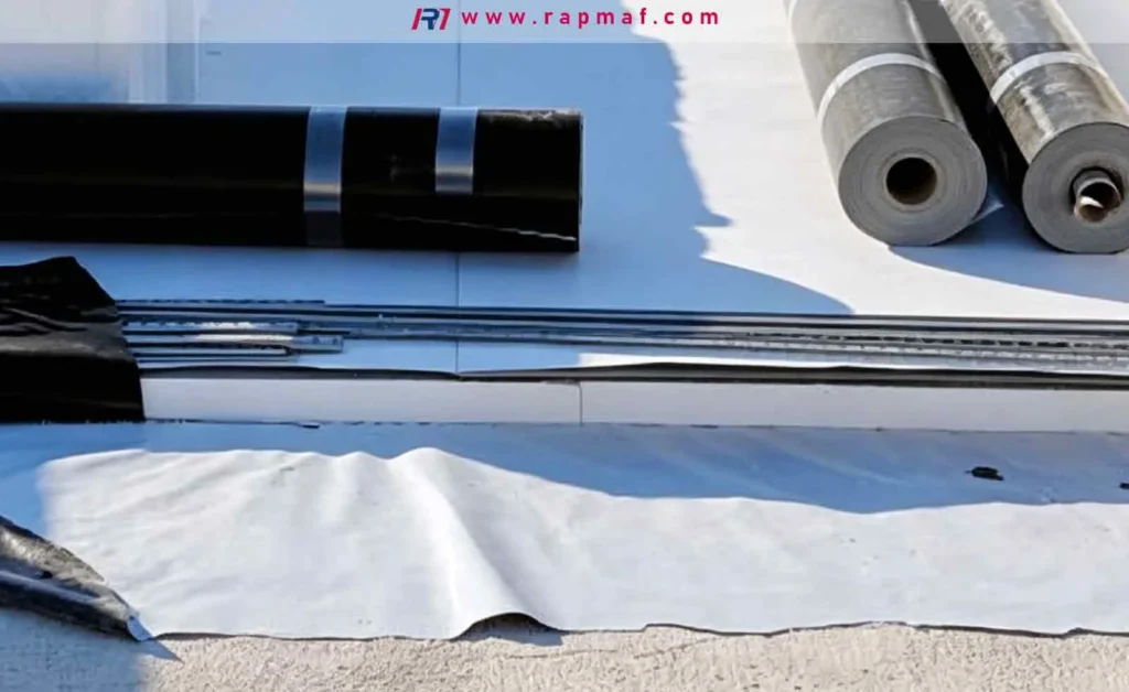 A photograph from Rapmaf showing the installation process of a white TPO roofing membrane on a commercial flat roof, with rolls of material ready for application.