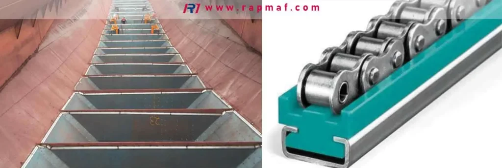 A split image from Rapmaf comparing two industrial applications of UHMW Polyethylene: a ship cargo hold liner for abrasion resistance on the left, and a low-friction conveyor chain guide on the right.
