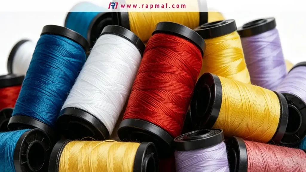 A collection of colorful spools of industrial sewing thread, an image from Rapmaf representing the base synthetic fibers like polyester and nylon before they are woven into fabric for manufacturing and engineering applications.