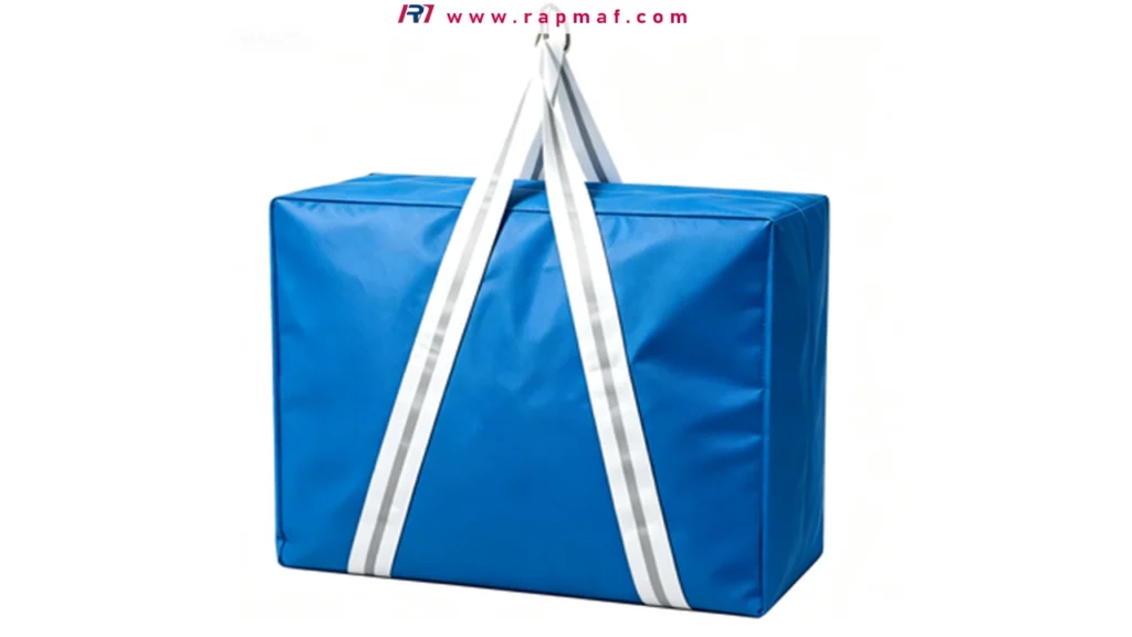 A large, heavy-duty blue bag made from a durable synthetic fabric like polyester, an example from Rapmaf illustrating a common application where material strength and water resistance are key design factors.