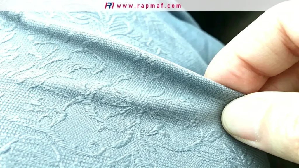 A close-up macro shot from Rapmaf showing the detailed, embossed floral pattern on a light blue synthetic fabric, demonstrating the textural possibilities and aesthetic finishes achievable with materials like polyester and nylon.