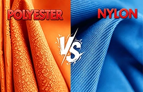 A 'Polyester vs Nylon' comparison graphic from Rapmaf for its engineer's guide. The left side shows a close-up of orange polyester fabric, and the right side shows a blue nylon fabric, visually setting up the article's core material science comparison.