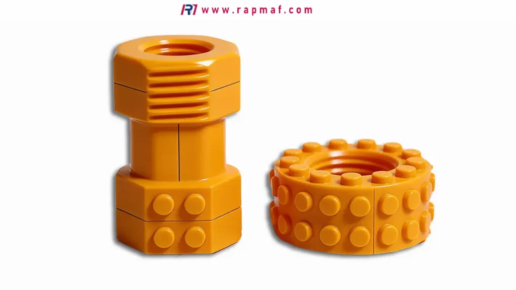 A Rapmaf image showcasing a large bolt and nut made from orange, LEGO-like bricks, used to illustrate the precision and strength of ABS plastic, a key material in 3D printing and injection molding.