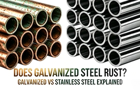 A Rapmaf comparison image for an engineer's guide, showing dull, spangled galvanized steel pipes on the left, contrasted with shiny, smooth stainless steel pipes on the right to highlight key differences in corrosion resistance and surface finish.