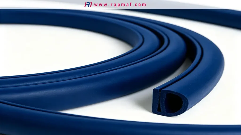 A Rapmaf image showing a close-up of a custom extruded blue EPDM rubber seal. The flexible D-profile weatherstripping is coiled, highlighting its use in industrial sealing applications due to its durability and weather resistance.