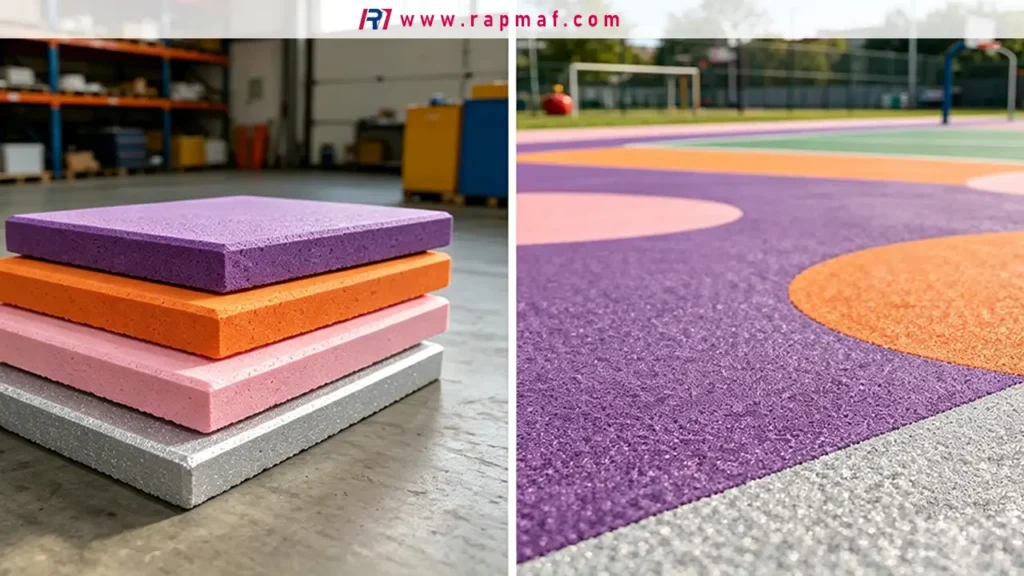 A two-panel Rapmaf image showcasing the use of EPDM rubber in safety applications: the top panel shows a colorful, poured-in-place EPDM granule safety surface on a playground, while the bottom shows soft, durable play blocks in a sandpit.