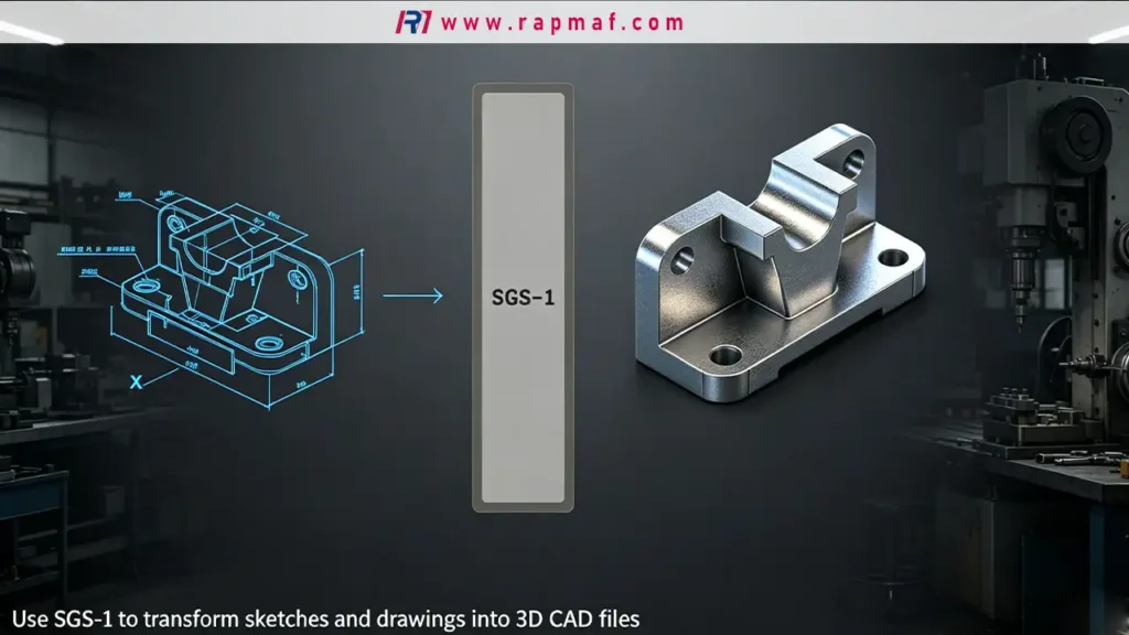 Um infográfico da Rapmaf mostrando a transformação de um desenho técnico 2D à esquerda para um modelo CAD 3D fabricável de uma peça usinada à direita.