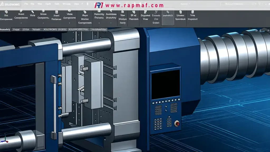 Uma captura de tela do software CAD SOLIDWORKS mostrando o modelo 3D de uma máquina industrial de moldagem por injeção, uma ferramenta fundamental no processo de projeto para manufatura da Rapmaf.