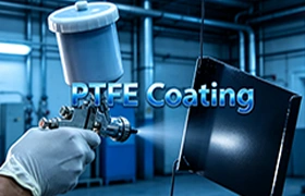 An industrial technician applying a liquid PTFE coating to a metal part using a high-volume, low-pressure (HVLP) spray gun in a controlled workshop environment, demonstrating the surface treatment process.